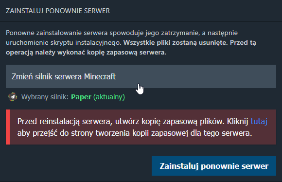 Zainstaluj ponownie serwer po zmianie silnika Minecraft w panelu MineServ.eu