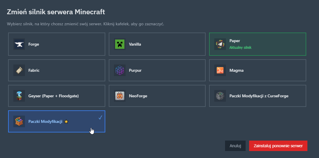 Zmiana silnika serwera Minecraft na Paczki Modyfikacji w panelu MineServ.eu