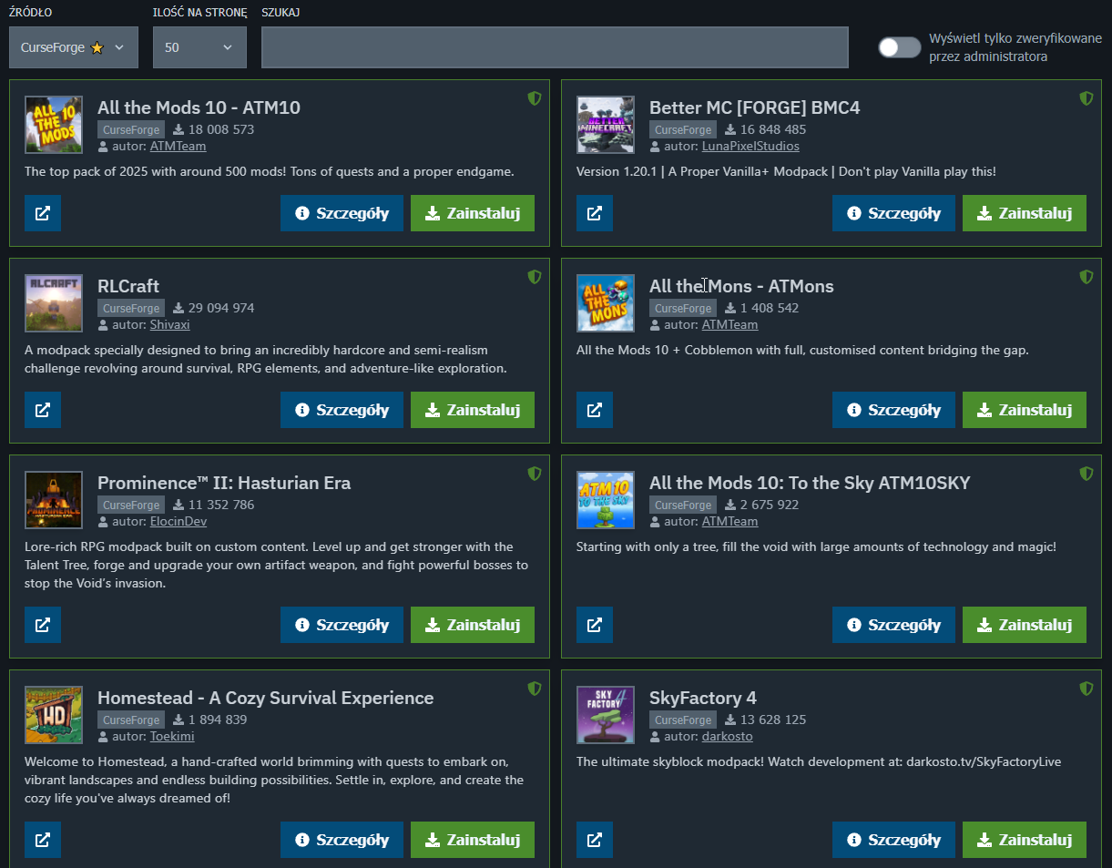 Lista paczek modyfikacji Minecraft dostępnych w instalatorze panelu MineServ.eu