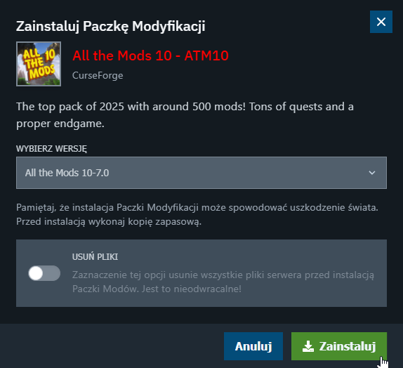 Instalacja paczki modyfikacji Minecraft w panelu MineServ.eu — przycisk Zainstaluj